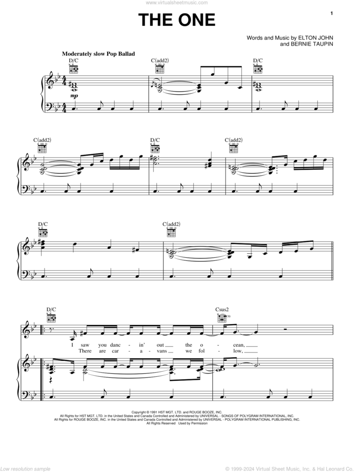 The One sheet music for voice, piano or guitar by Elton John and Bernie Taupin, wedding score, intermediate skill level