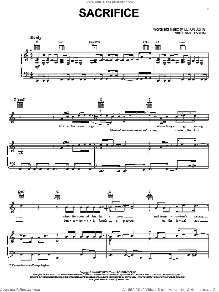 Sacrifice sheet music for voice, piano or guitar by Elton John and Bernie Taupin, wedding score, intermediate skill level