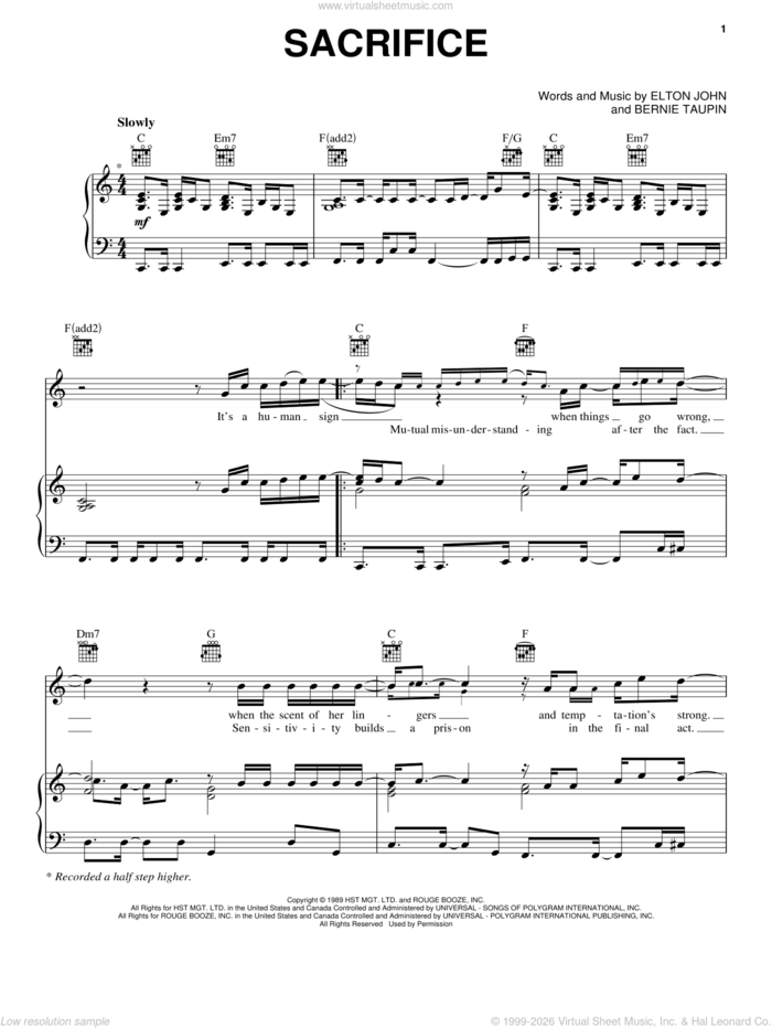 Sacrifice sheet music for voice, piano or guitar by Elton John and Bernie Taupin, wedding score, intermediate skill level