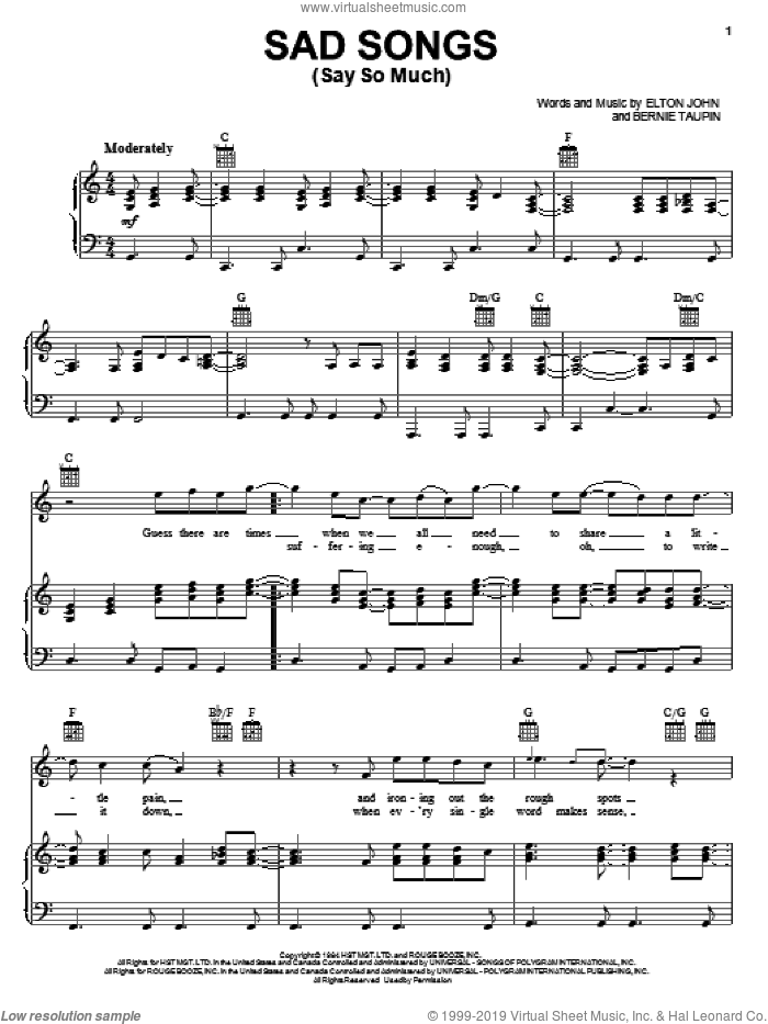 Sad Songs (Say So Much) sheet music for voice, piano or guitar by Elton John and Bernie Taupin, intermediate skill level