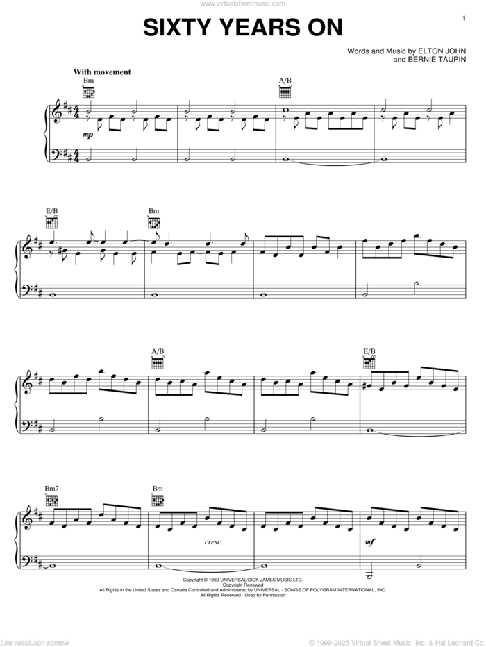 Sixty Years On sheet music for voice, piano or guitar by Elton John and Bernie Taupin, intermediate skill level