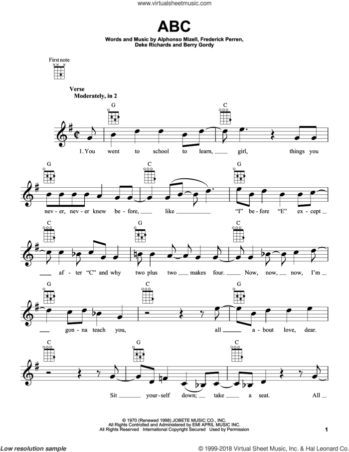 ABC sheet music for ukulele by The Jackson 5, Alphonso Mizell, Berry Gordy, Deke Richards and Frederick Perren, intermediate skill level