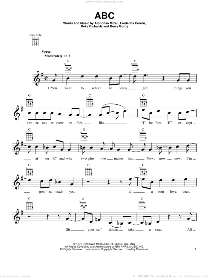 ABC sheet music for ukulele by The Jackson 5, Alphonso Mizell, Berry Gordy, Deke Richards and Frederick Perren, intermediate skill level