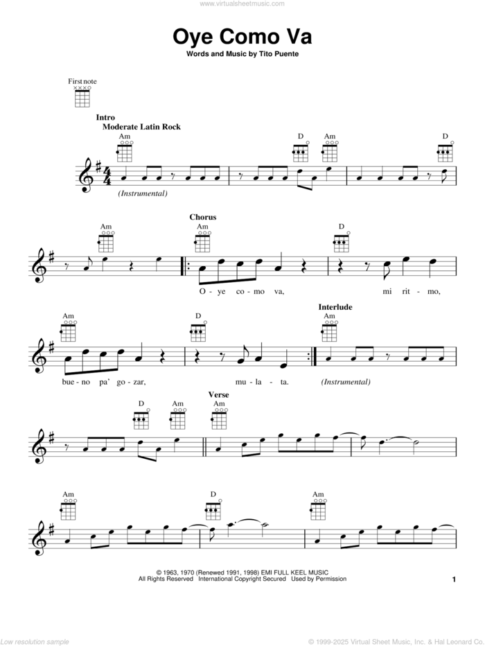 Oye Como Va sheet music for ukulele by Tito Puente and Carlos Santana, intermediate skill level