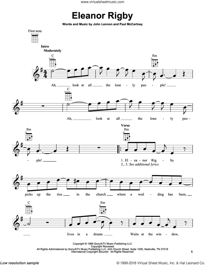 Eleanor Rigby sheet music for ukulele by The Beatles, David Cook, John Lennon and Paul McCartney, intermediate skill level