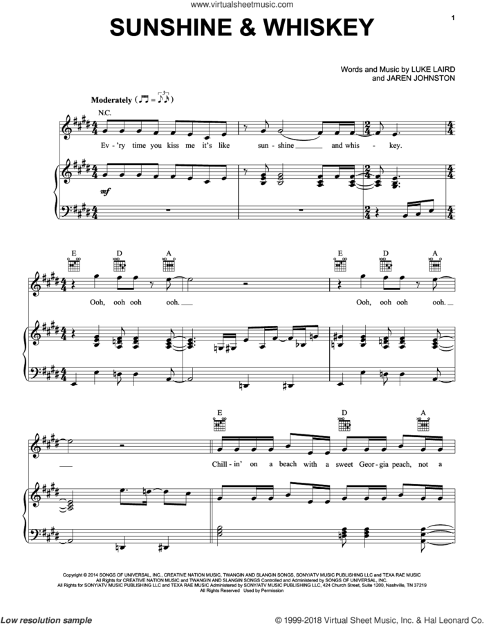Sunshine and Whiskey sheet music for voice, piano or guitar by Frankie Ballard, Jaren Johnston and Luke Laird, intermediate skill level