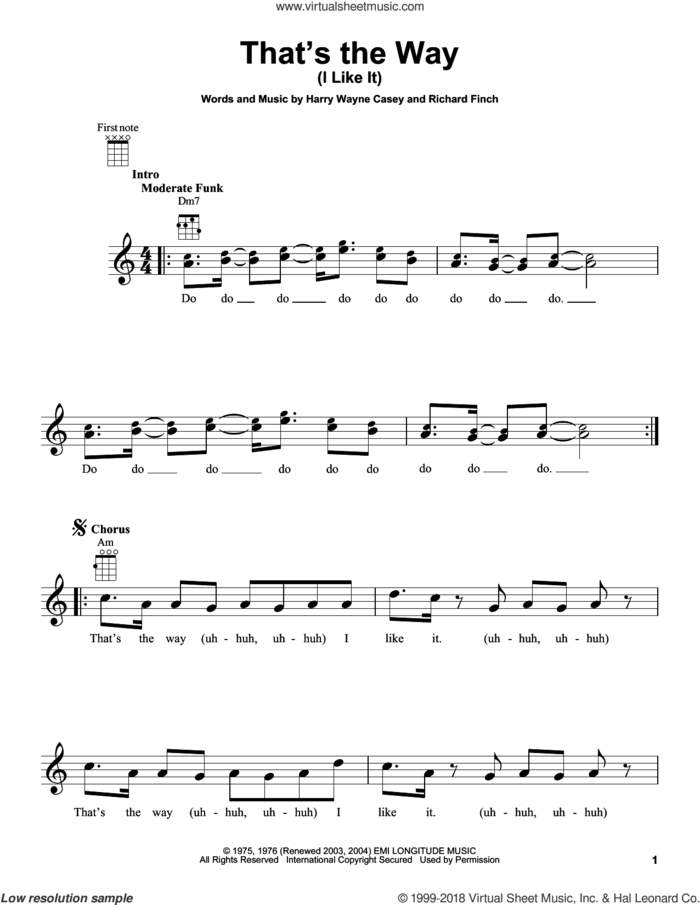 That's The Way (I Like It) sheet music for ukulele by KC & The Sunshine Band, Harry Wayne Casey and Richard Finch, intermediate skill level