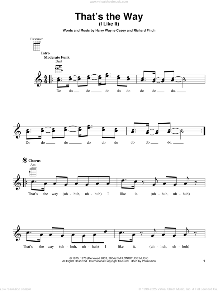 That's The Way (I Like It) sheet music for ukulele by KC & The Sunshine Band, Harry Wayne Casey and Richard Finch, intermediate skill level