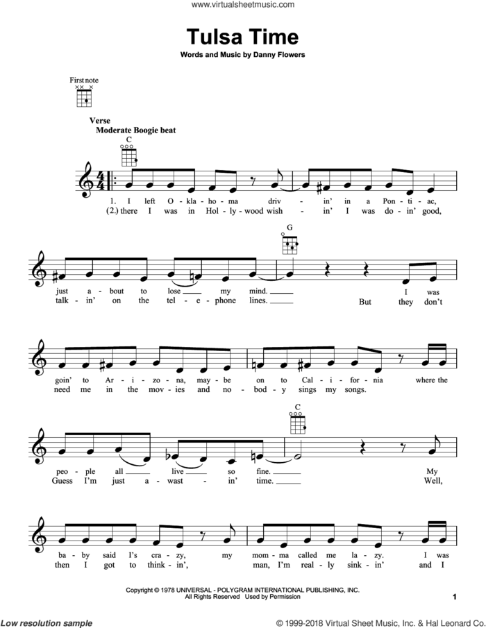 Tulsa Time sheet music for ukulele by Don Williams, Eric Clapton and Danny Flowers, intermediate skill level