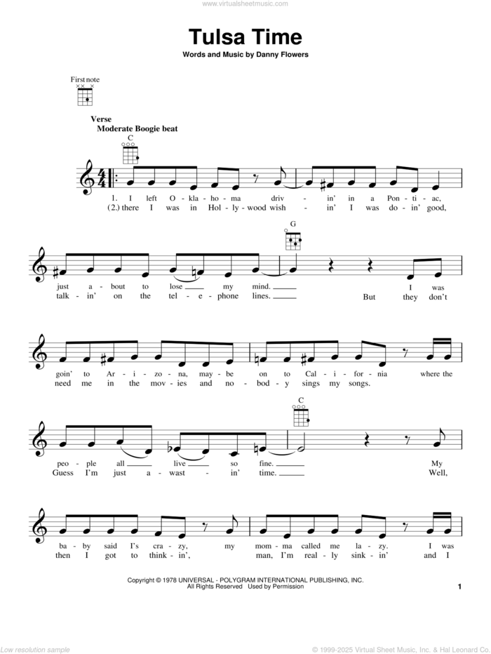 Tulsa Time sheet music for ukulele by Don Williams, Eric Clapton and Danny Flowers, intermediate skill level