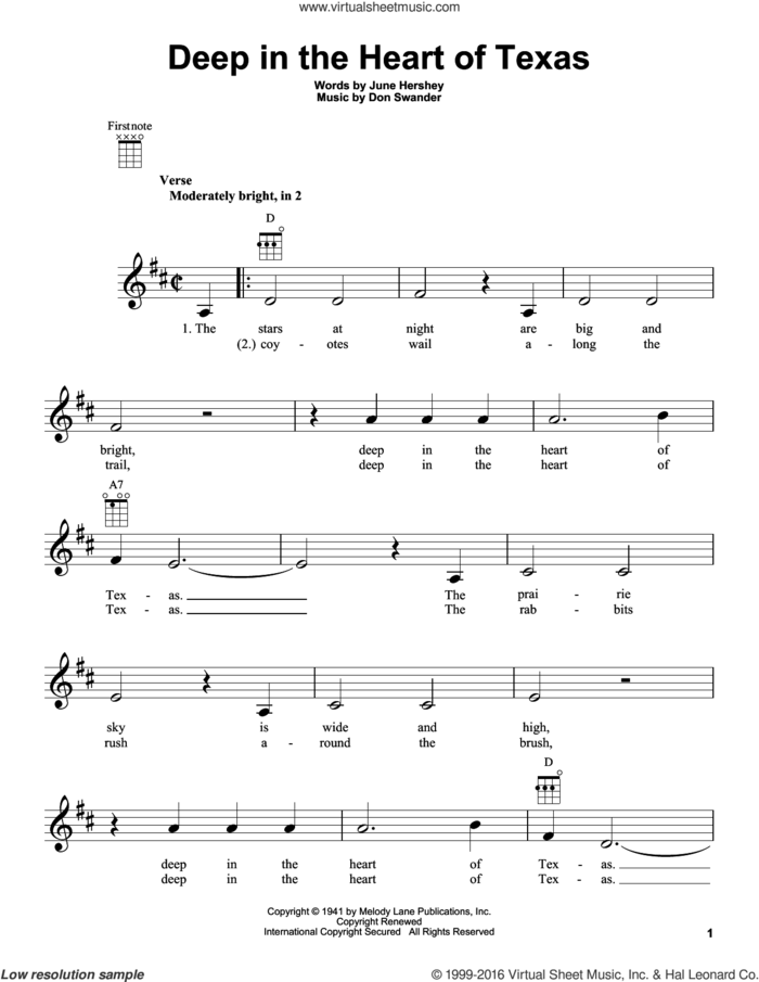 Deep In The Heart Of Texas sheet music for ukulele by Bing Crosby, Alvino Rey & His Orchestra, Don Swander and June Hershey, intermediate skill level