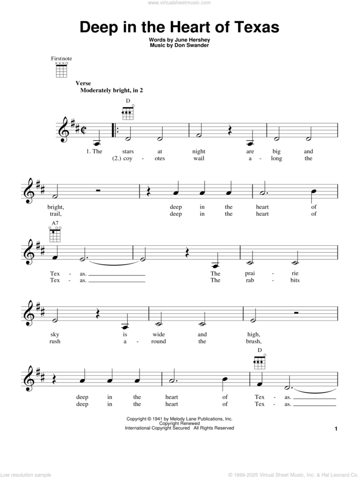 Deep In The Heart Of Texas sheet music for ukulele by Bing Crosby, Alvino Rey & His Orchestra, Don Swander and June Hershey, intermediate skill level