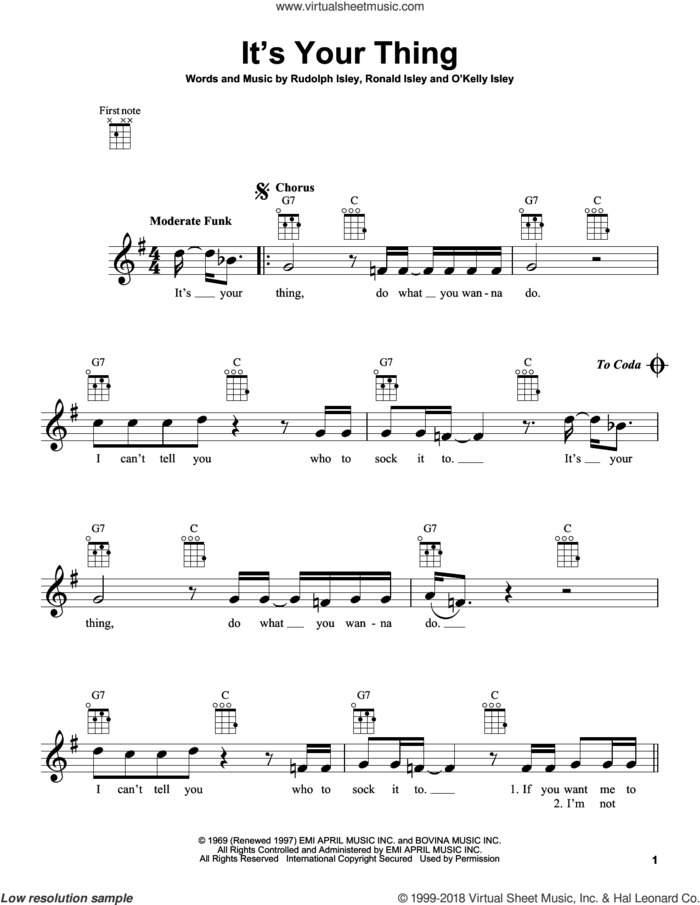 It's Your Thing sheet music for ukulele by The Isley Brothers, Salt-N-Pepa, O Kelly Isley, Ronald Isley and Rudolph Isley, intermediate skill level