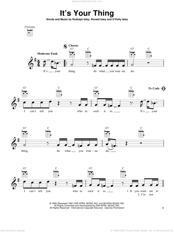 It's Your Thing sheet music for ukulele by The Isley Brothers, Salt-N-Pepa, O Kelly Isley, Ronald Isley and Rudolph Isley, intermediate skill level