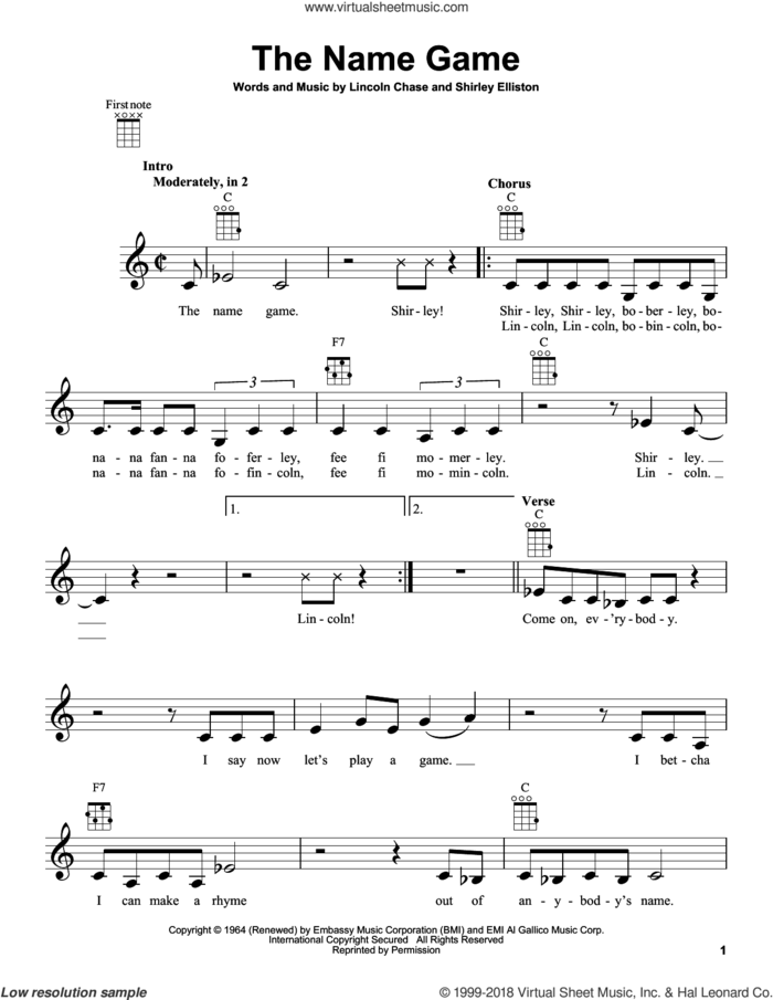 The Name Game sheet music for ukulele by Shirley Ellis, Lincoln Chase and Shirley Elliston, intermediate skill level