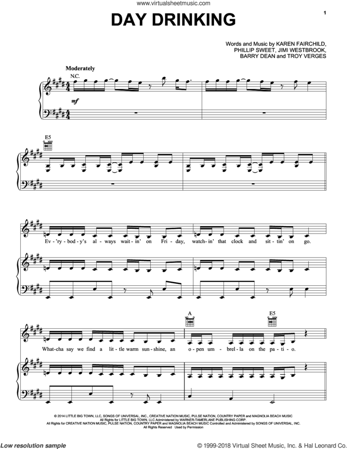 Day Drinking sheet music for voice, piano or guitar by Little Big Town, Barry Dean, Jimi Westbrook, Karen Fairchild, Phillip Sweet and Troy Verges, intermediate skill level