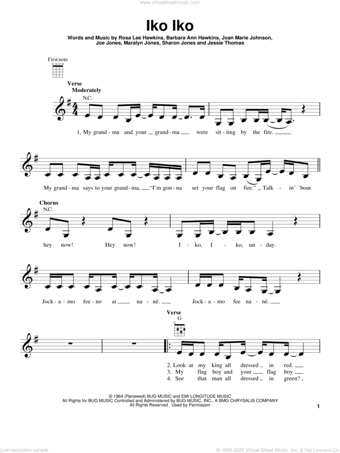 Iko Iko sheet music for ukulele by The Dixie Cups, Dr. John, Barbara Ann Hawkins, Jessie Thomas, Joan Marie Johnson, Joe Jones, Maralyn Jones, Rosa Lee Hawkins and Sharon Jones, intermediate skill level