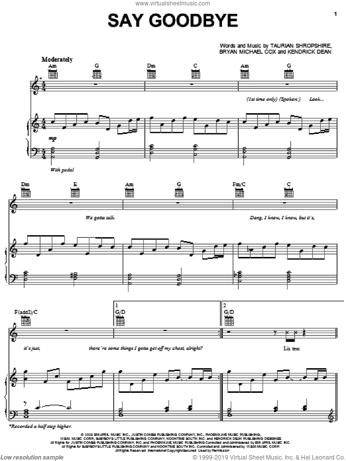 Say Goodbye sheet music for voice, piano or guitar by Chris Brown, Bryan Michael Cox, Kendrick Dean and Taurian Stropshire, intermediate skill level