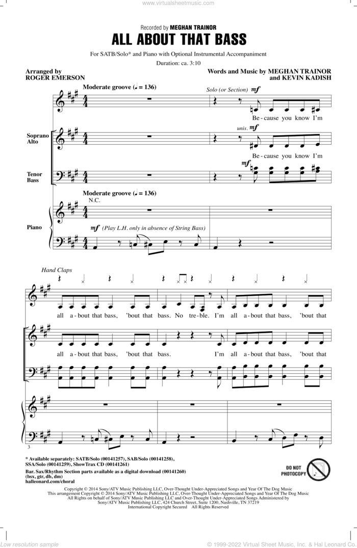 All About That Bass sheet music for choir (SATB: soprano, alto, tenor, bass) by Meghan Trainor, Roger Emerson, Kevin Kadish and Meghan Trainer, intermediate skill level