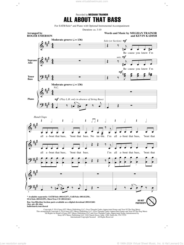 All About That Bass sheet music for choir (SATB: soprano, alto, tenor, bass) by Meghan Trainor, Roger Emerson, Kevin Kadish and Meghan Trainer, intermediate skill level