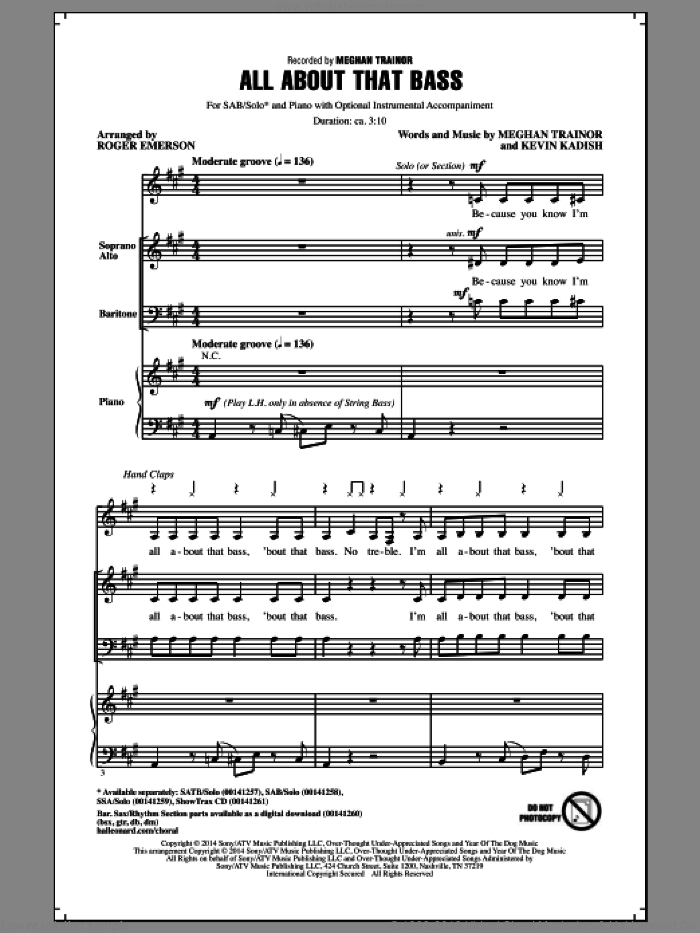 All About That Bass sheet music for choir (SAB: soprano, alto, bass) by Meghan Trainor, Roger Emerson, Kevin Kadish and Meghan Trainer, intermediate skill level