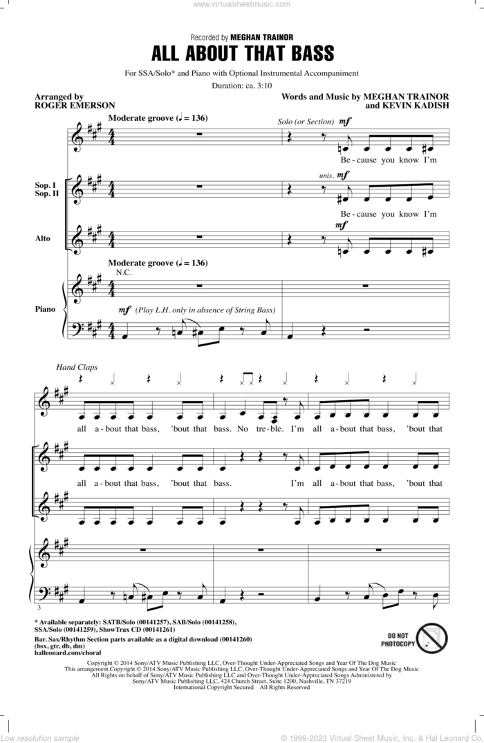 All About That Bass sheet music for choir (SSA: soprano, alto) by Meghan Trainor, Roger Emerson, Kevin Kadish and Meghan Trainer, intermediate skill level