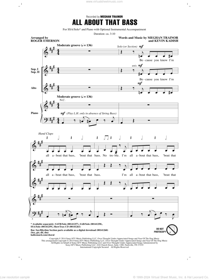 All About That Bass sheet music for choir (SSA: soprano, alto) by Meghan Trainor, Roger Emerson, Kevin Kadish and Meghan Trainer, intermediate skill level