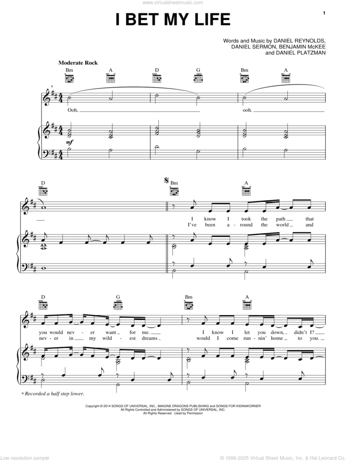 I Bet My Life sheet music for voice, piano or guitar by Imagine Dragons, Benjamin McKee, Daniel Platzman, Daniel Reynolds and Daniel Sermon, intermediate skill level