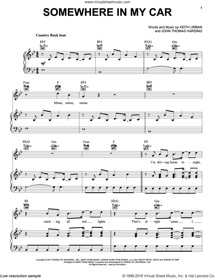 Somewhere In My Car sheet music for voice, piano or guitar by Keith Urban and John Harding, intermediate skill level