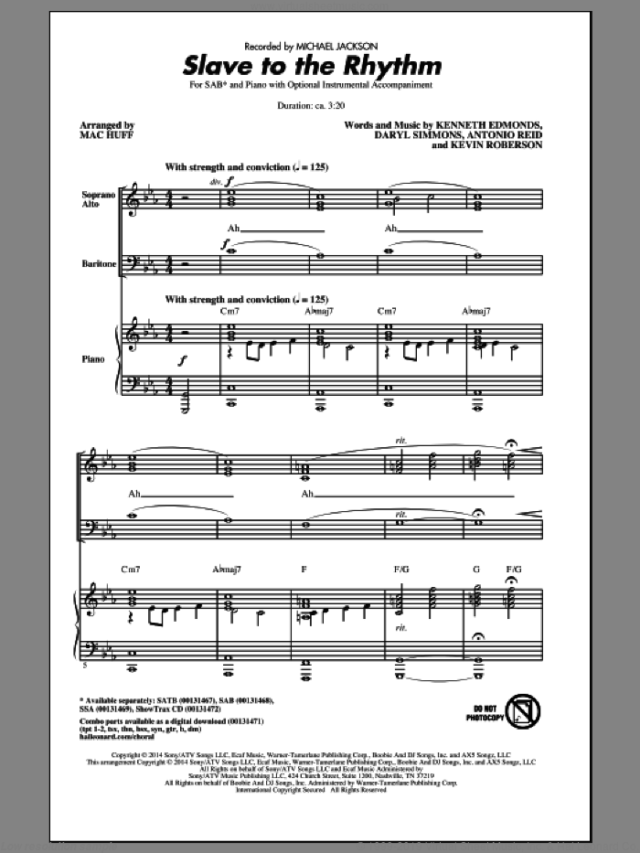 Slave To The Rhythm sheet music for choir (SAB: soprano, alto, bass) by Daryl Simmons, Mac Huff, Michael Jackson, Antonio Reid, Kenneth Edmonds and Kevin Roberson, intermediate skill level