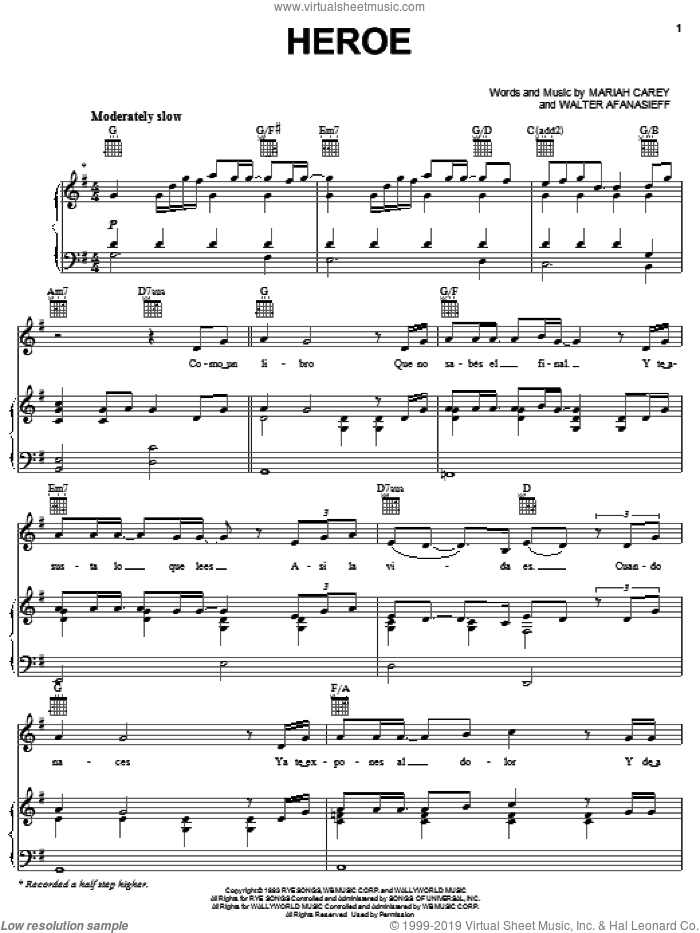 Heroe sheet music for voice, piano or guitar by Il Divo, Mariah Carey and Walter Afanasieff, wedding score, intermediate skill level