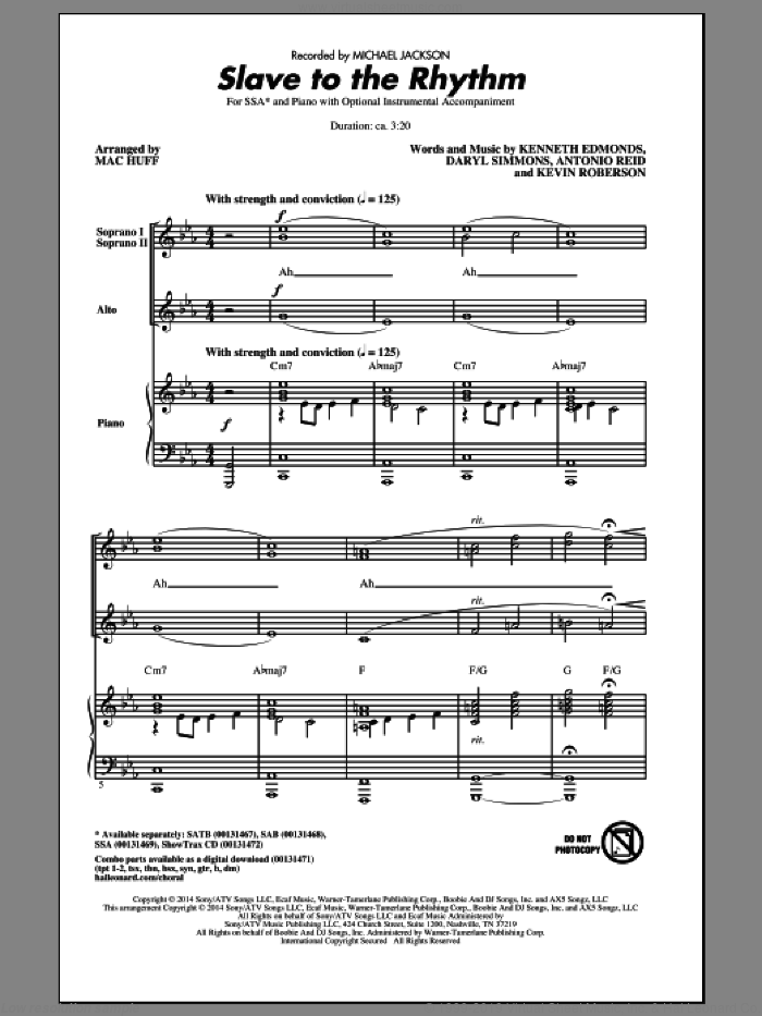 Slave To The Rhythm sheet music for choir (SSA: soprano, alto) by Mac Huff, Michael Jackson, Antonio Reid, Daryl Simmons, Kenneth Edmonds and Kevin Roberson, intermediate skill level