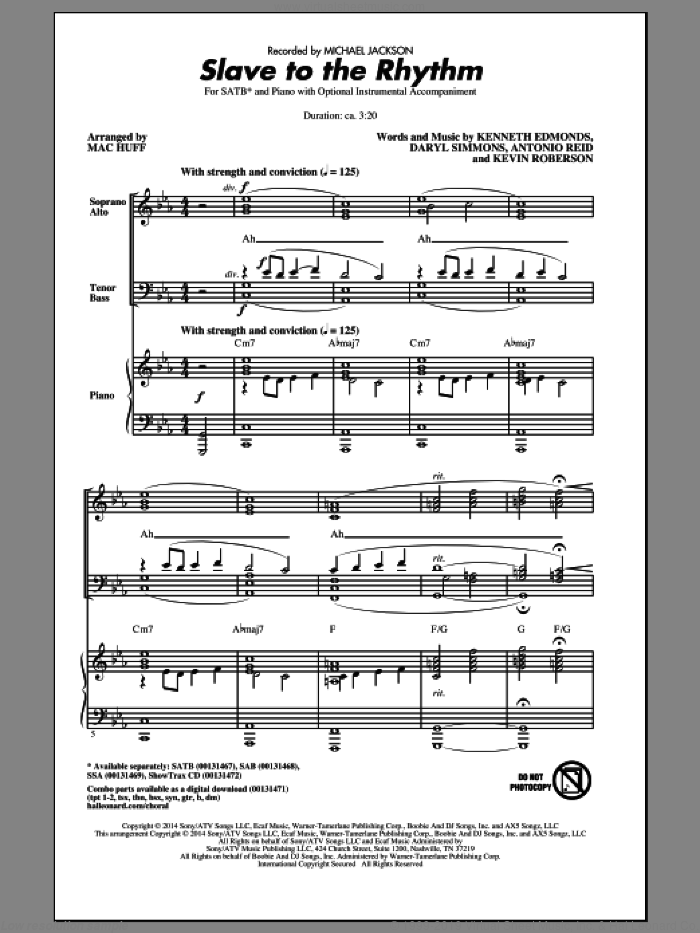 Slave To The Rhythm sheet music for choir (SATB: soprano, alto, tenor, bass) by Daryl Simmons, Mac Huff, Michael Jackson, Antonio Reid, Kenneth Edmonds and Kevin Roberson, intermediate skill level