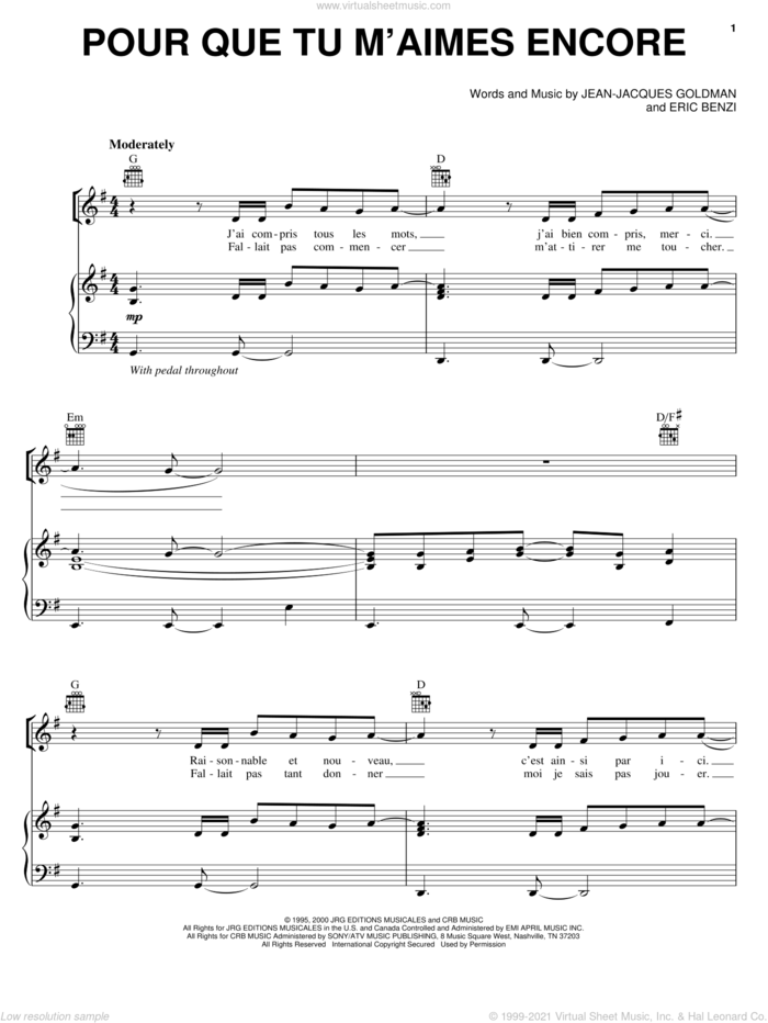 Pour Que Tu M'aimes Encore sheet music for voice, piano or guitar by Il Divo, Celine Dion, Eric Benzi and Jean-Jacques Goldman, intermediate skill level