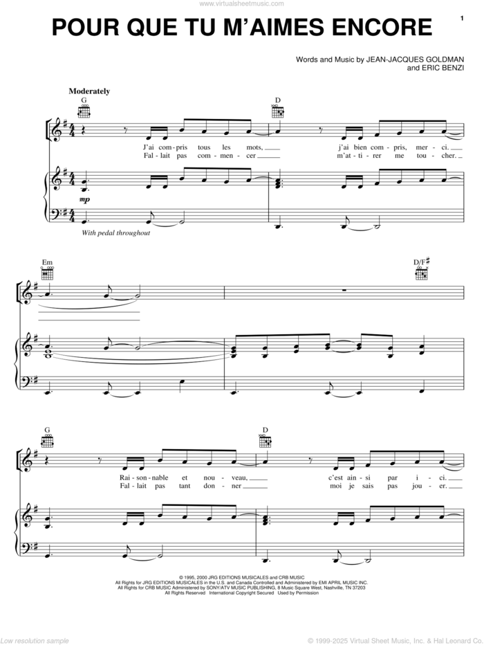 Pour Que Tu M'aimes Encore sheet music for voice, piano or guitar by Il Divo, Celine Dion, Eric Benzi and Jean-Jacques Goldman, intermediate skill level