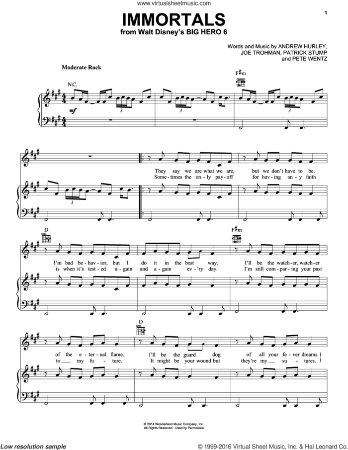 Immortals sheet music for voice, piano or guitar by Fall Out Boy, Andrew Hurley, Joe Trohman, Patrick Stump and Pete Wentz, intermediate skill level