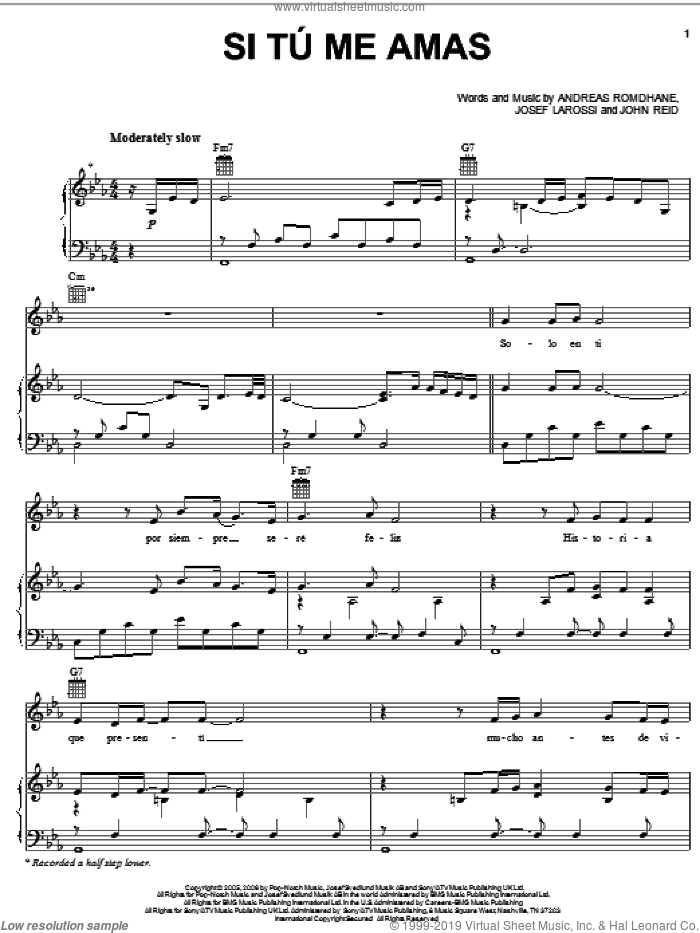 Si Tu Me Amas sheet music for voice, piano or guitar by Il Divo, Andreas Romdhane, John Reid and Josef Larossi, intermediate skill level