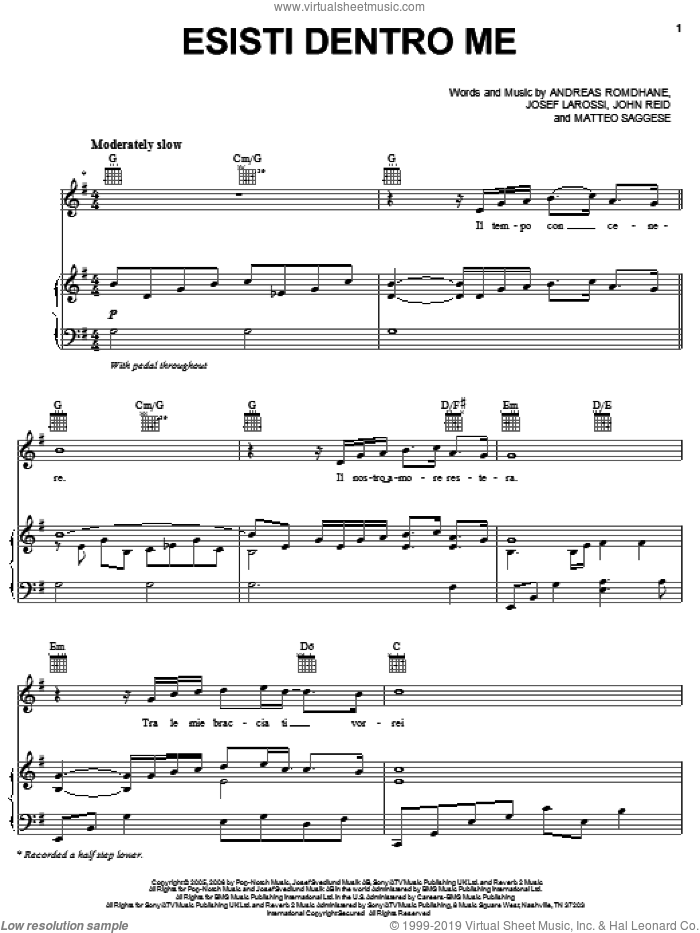 Esisti Dentro Me sheet music for voice, piano or guitar by Il Divo, Andreas Romdhane, John Reid, Josef Larossi and Matteo Saggese, intermediate skill level