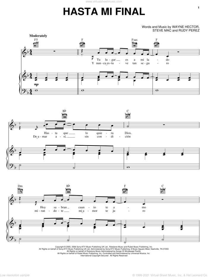 Hasta Mi Final sheet music for voice, piano or guitar by Il Divo, Rudy Perez, Steve Mac and Wayne Hector, intermediate skill level