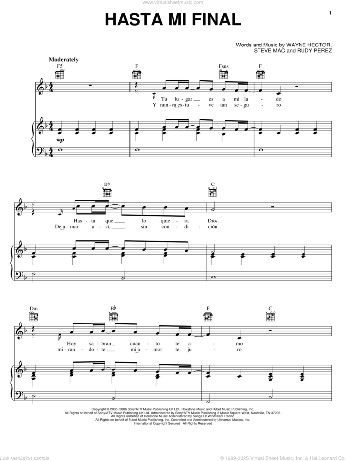 Hasta Mi Final sheet music for voice, piano or guitar by Il Divo, Rudy Perez, Steve Mac and Wayne Hector, intermediate skill level