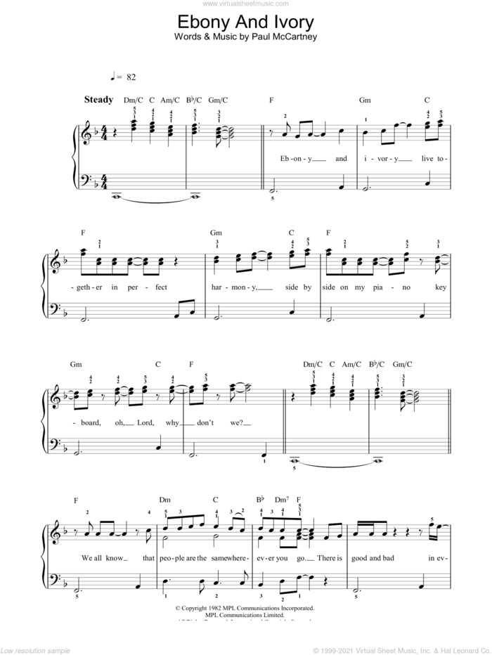Ebony And Ivory sheet music for voice, piano or guitar by Paul McCartney and Stevie Wonder, Stevie Wonder and Paul McCartney, intermediate skill level