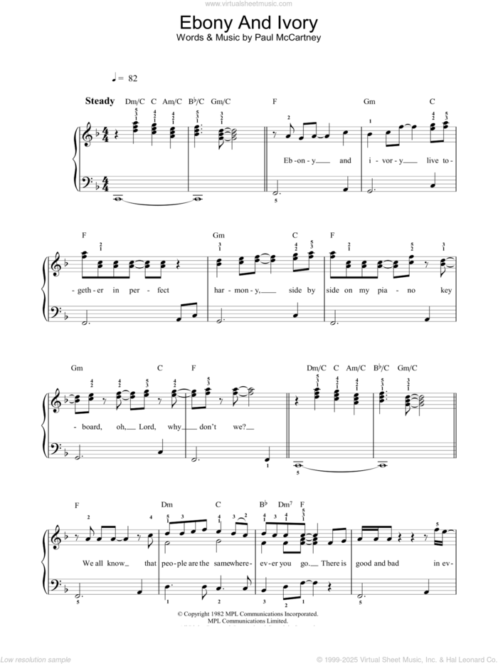 Ebony And Ivory sheet music for voice, piano or guitar by Paul McCartney and Stevie Wonder, Stevie Wonder and Paul McCartney, intermediate skill level