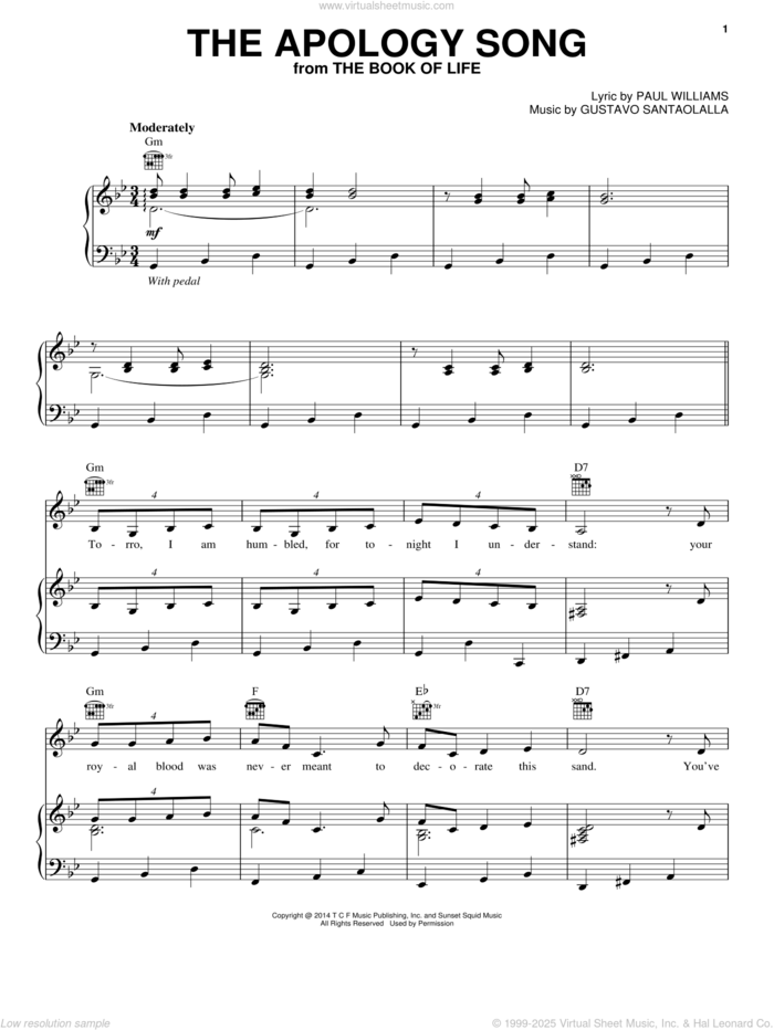 The Apology Song sheet music for voice, piano or guitar by Gustavo Santaolalla and Paul Williams, intermediate skill level