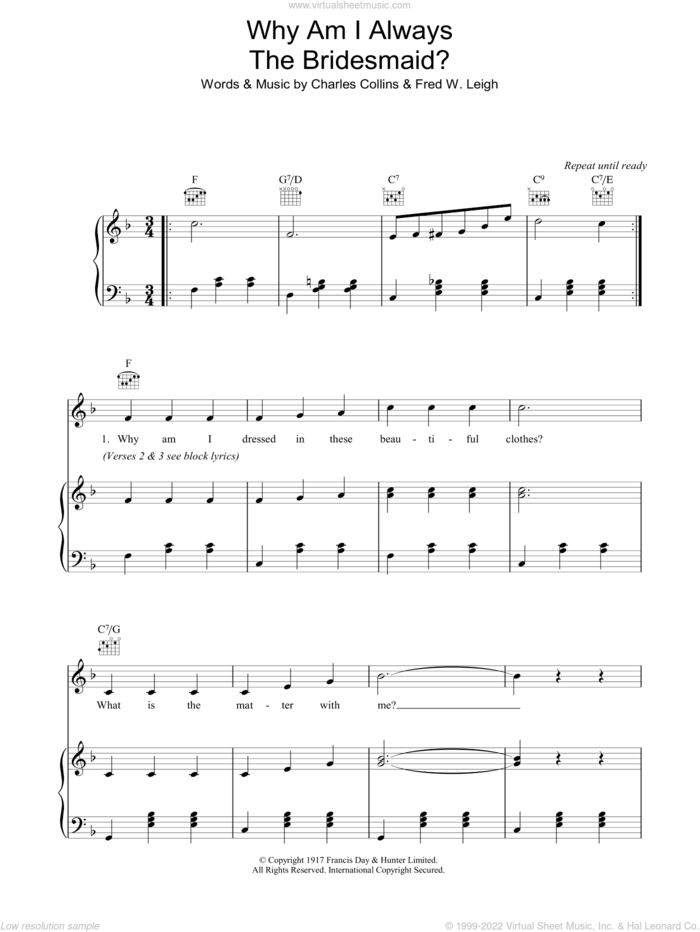 Why Am I Always The Bridesmaid? sheet music for voice, piano or guitar by Lily Morris, Charles Collins and Fred W. Leigh, intermediate skill level