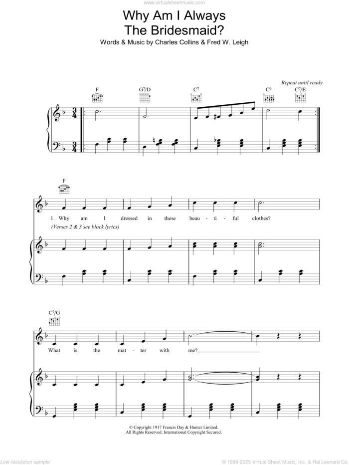 Why Am I Always The Bridesmaid? sheet music for voice, piano or guitar by Lily Morris, Charles Collins and Fred W. Leigh, intermediate skill level