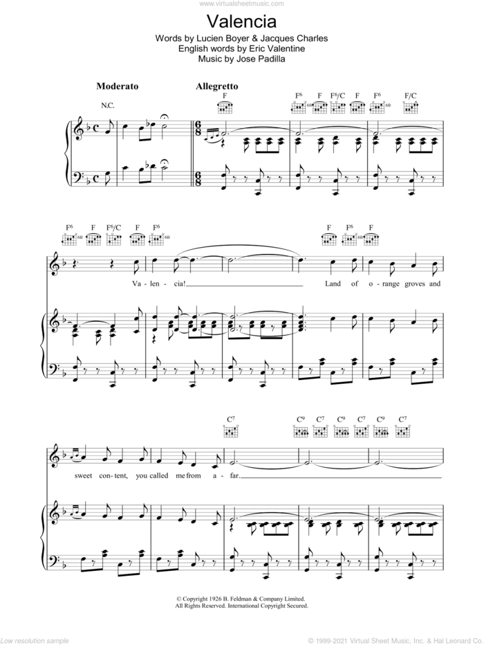 Valencia sheet music for voice, piano or guitar by Jose Padilla, Eric Valentine, Jacques Charles and Lucien Boyer, intermediate skill level