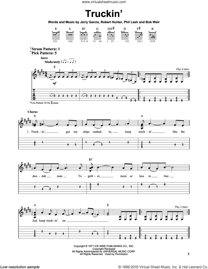 Truckin' sheet music for guitar solo (easy tablature) by Grateful Dead, Bob Weir, Jerry Garcia, Phil Lesh and Robert Hunter, easy guitar (easy tablature)