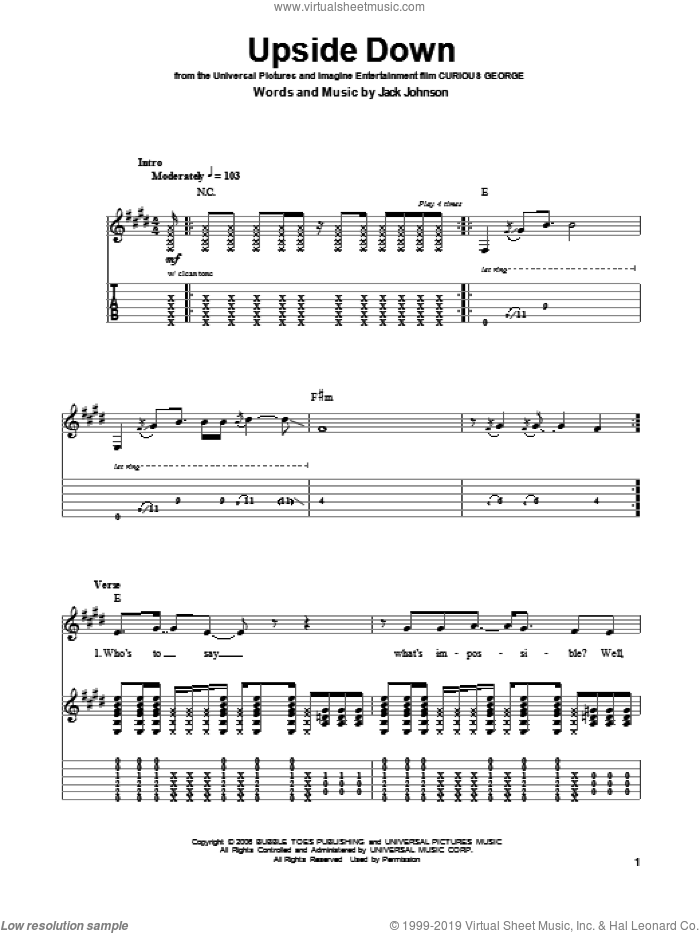 Upside Down sheet music for guitar (tablature, play-along) by Jack Johnson, intermediate skill level