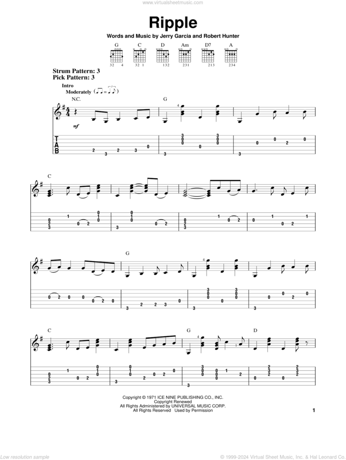 Ripple sheet music for guitar solo (easy tablature) by Grateful Dead, Jerry Garcia and Robert Hunter, easy guitar (easy tablature)