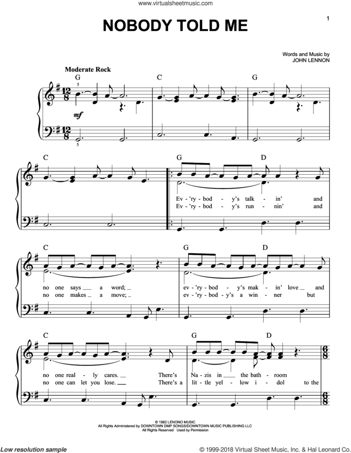 Nobody Told Me sheet music for piano solo by John Lennon, easy skill level